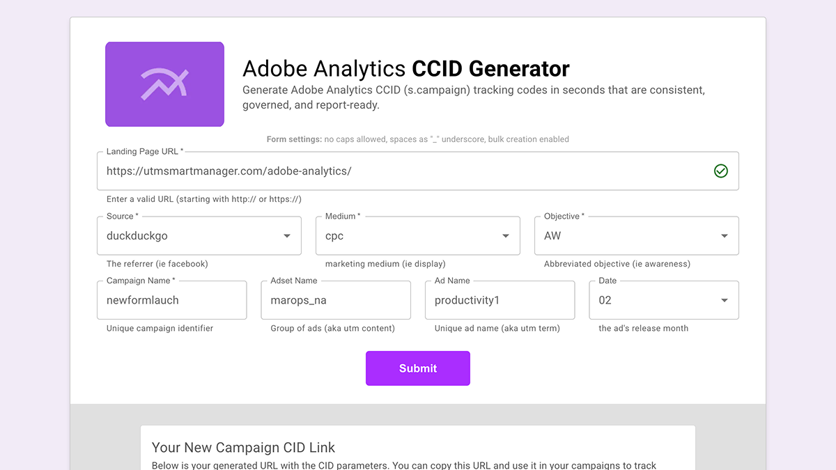 Screenshot of the Adobe CCID Builder form for structured ccid campaign values