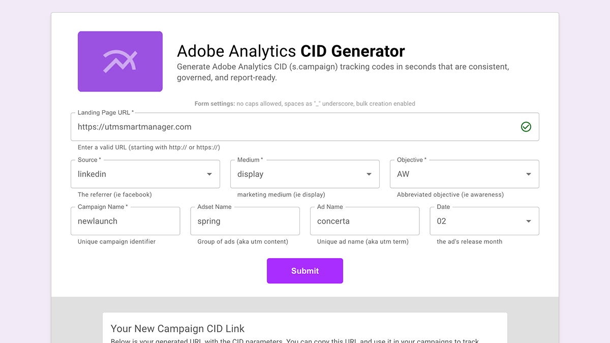Screenshot of the Adobe CID Builder form for structured cid campaign values