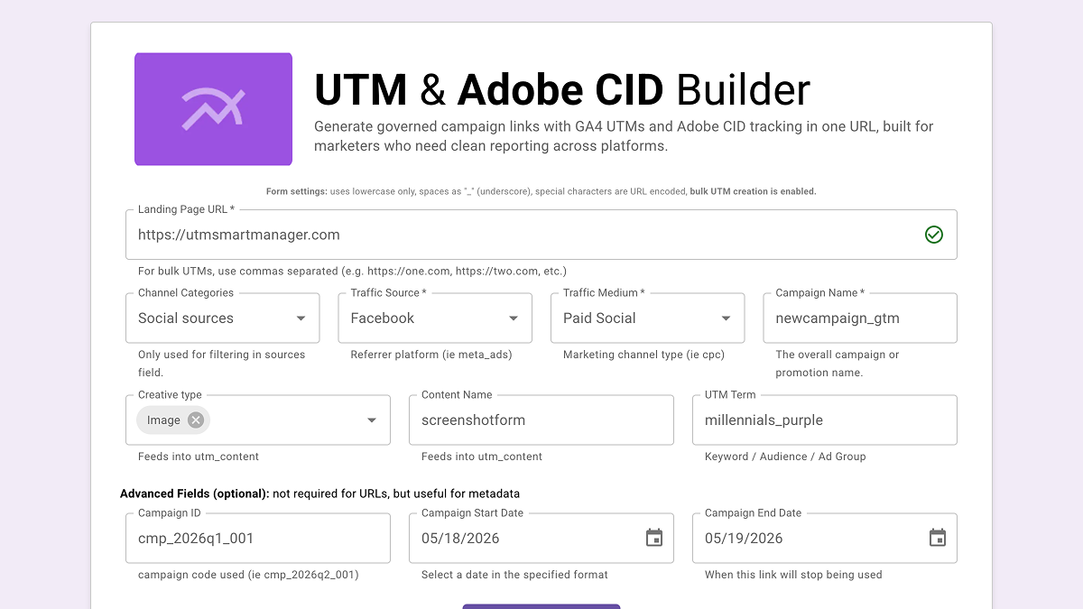 Screenshot of the Adobe UTM Builder form with UTM-style fields and an Adobe campaign value