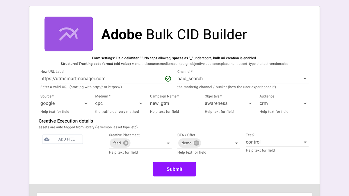 Screenshot of the Bulk Adobe URL Builder form for generating multiple Adobe campaign URLs